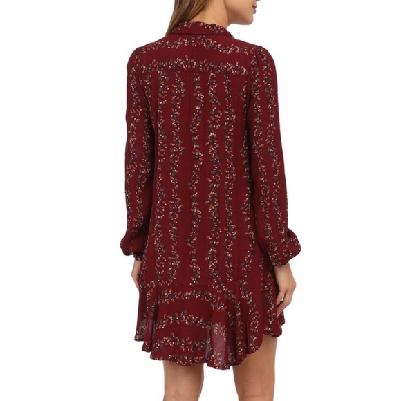 Free People burgundy floral long sleeve button down shirtdress with pockets, XS - Picture 3 of 14